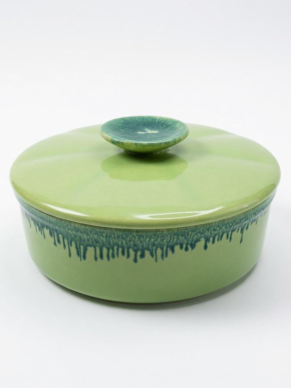 Vintage Mid Century Green Drip Glaze Lidded Casserole Dish | Ceramic Ring Dish